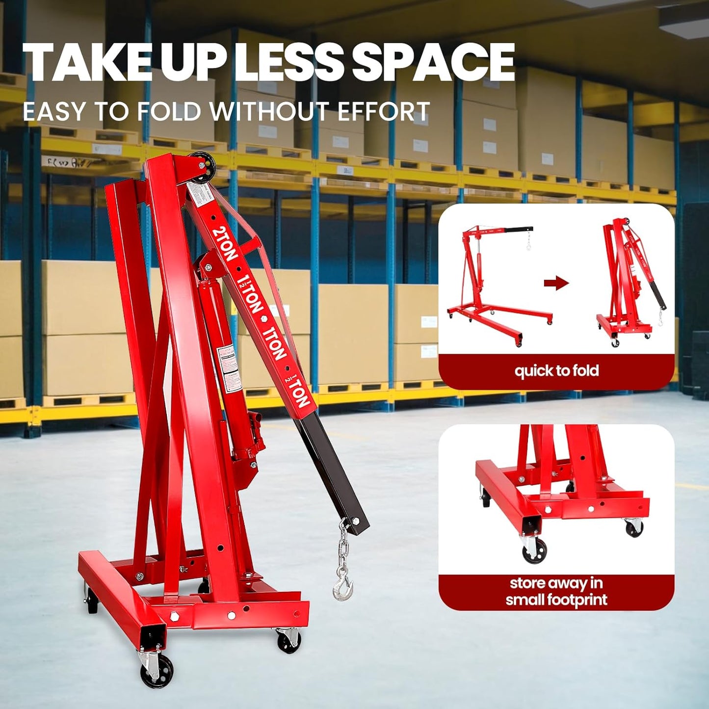 4400 Lbs Folding Engine Hoist Cherry Picker, 2 Ton Engine Hoist with Lever, with 6 Casters, 8 Ton Hydraulic Pump 4 Adjustable Position, Engine Crane for Garage, Workshop, Repair(Red)
