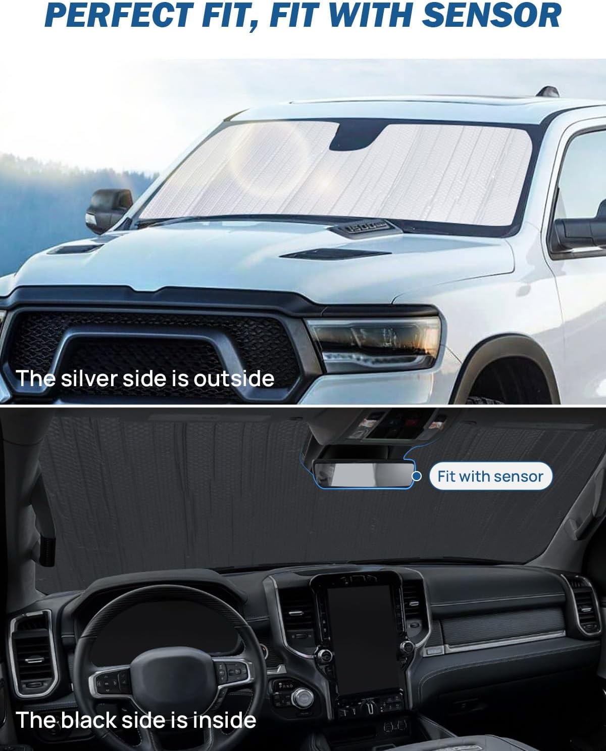 Windshield Sun Shade Compatible with Ram 1500 2500 3500 2019 2020 2021 2022 2023 2024, Sunshade Car Windshield Sun Visor, Foldable Windshield Sun Shield