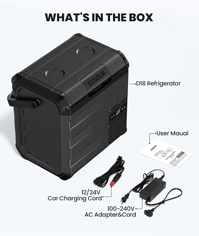 EENOUR D18 12 Volt Car Refrigerator, Portable Freezer 19Qt/18L Battery & Solar Powered Cooler 25W, -4~50℉, 12/24V DC, 110~240V AC, for 1-2 People, Short Trip, Truck (Battery Not Included) Black