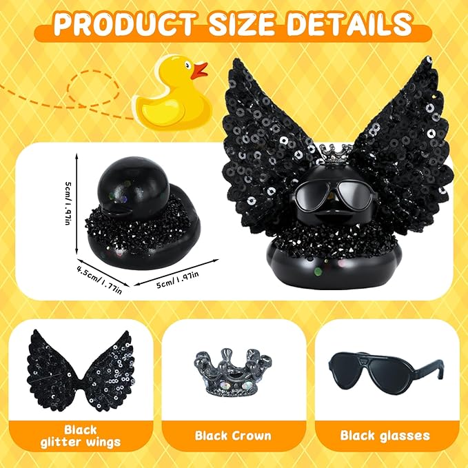 Black Rubber Duck with Crown, Wings & Sunglasses, Squeaky Car Dashboard Ornament, DIY Decor for Party Favors, Office Desk, Home