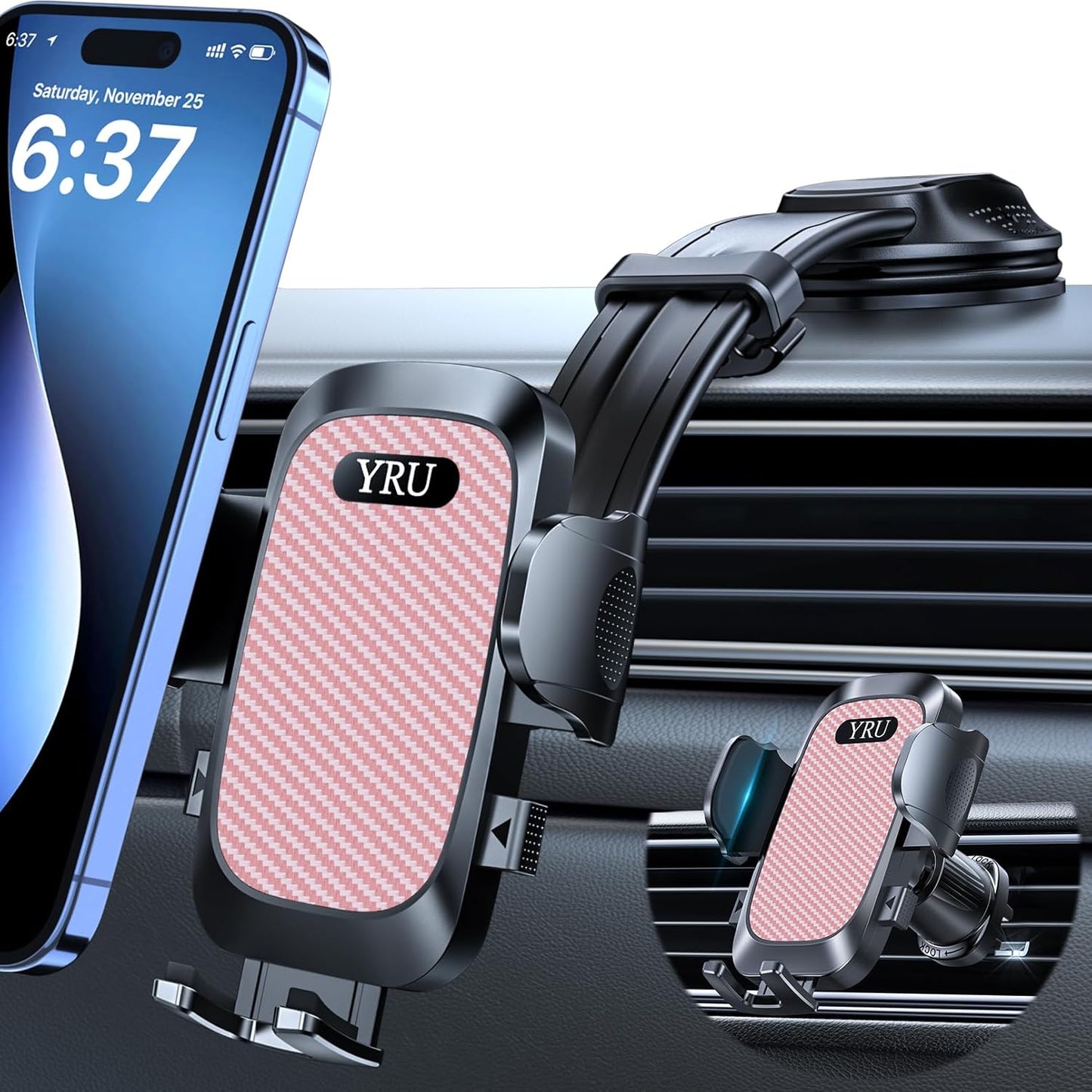 YRU [2025 Ultimate Car Phone Holder [Bendable & Adjustable Aluminum Arm] Cell Phone Automobile Cradles Dashboard Windshield Pickup Truck Phone Mount for iPhone 16 15 14 13 Pro Max Samsung, Pink