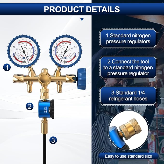 HVAC Nitrogen Regulator, Nitrogen Purge Regulator Tool with Quick-Adjust Valve for Brazing & Purging, 1/4" Hose Fittings (Blue)