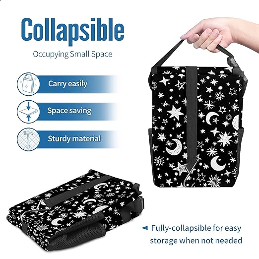 Gothic Black White Moon Stars Car Trash Can with Lid Collapsible Reusable Waterproof Car garage bag,Automotive Garbage Can,Car Accessories Interior Car Organizer