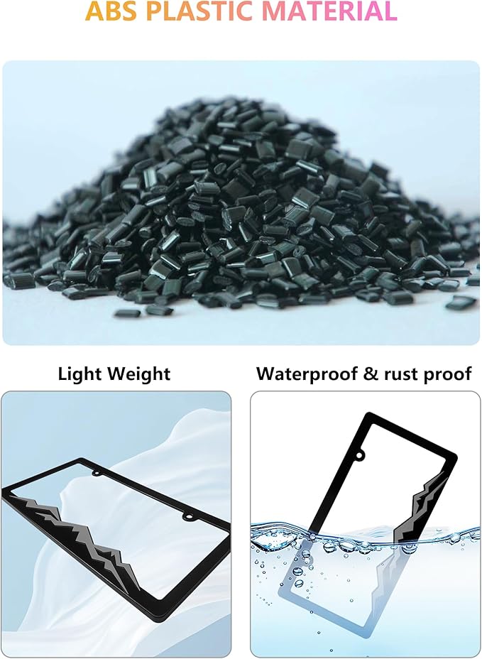 Mountain License Plate Frames - 2 Pack Plastic Car Tag Frame with 3D Mountain Design, Grey on Black, Included Mountain Vinyl Sticker, Screws & Caps