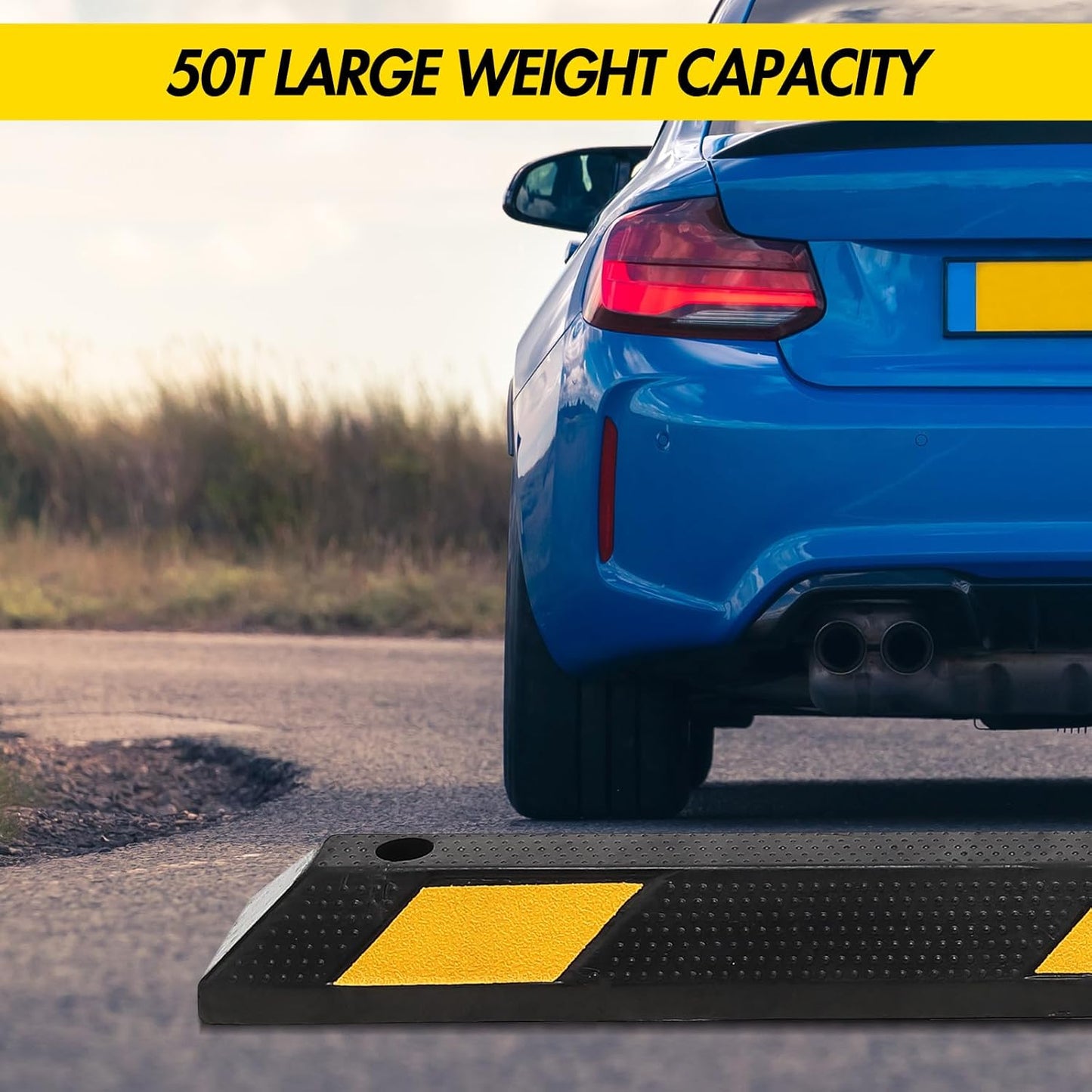 Parking Stoppers for Garage, 72 Inch Premium Parking Block Curb with Yellow Reflective Stripe, Heavy Duty Wheel Stopper for Cars, Vehicles, Trucks, Installation Kits Included, Pack of 2