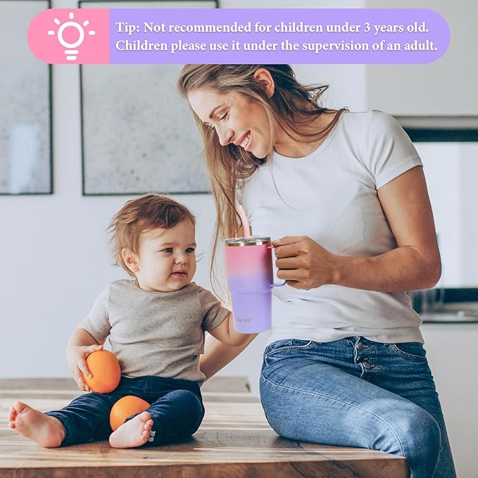 Sursip 24 oz Insulated Cup with Handle, Double Wall Vacuum Stainless Steel Tumbler with Straw and 2 Lids, For Cold/Hot Drinks, Coffee Travel Mug for Car/Home/Office/Party/Camping (Pink＆Purple-1 Pack)