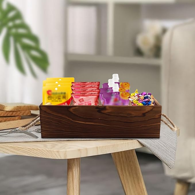 2 Pack Snack Organizer for Countertop, Brown Wooden Snack Basket with Handles, Pantry Organizer and Storage