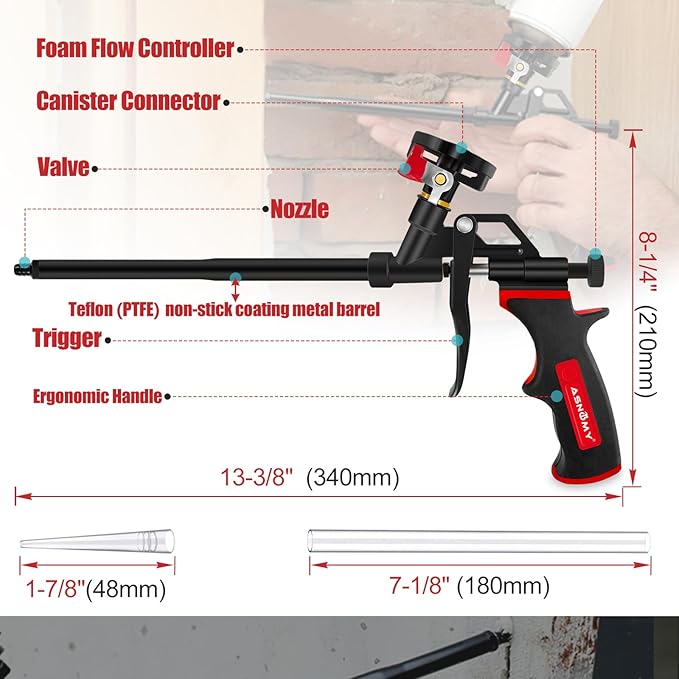 ASNOMY 1 Pack Professional Expanding Foam Spray Gun,(1 x Foam Gun / 4 Nozzle) PU Foam Gun Insulation, Foam Dispensing Gun, for Caulking, Insulating Foam Applicator