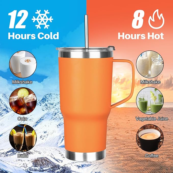 20 oz Tumbler with Handle, Stainless Steel Insulated Tumbler with Lid and Straw, Double Wall Vacuum Insulated Coffee Mug Tumbler, Insulated Coffee Thermal Cup for Cold and Hot（Orange）