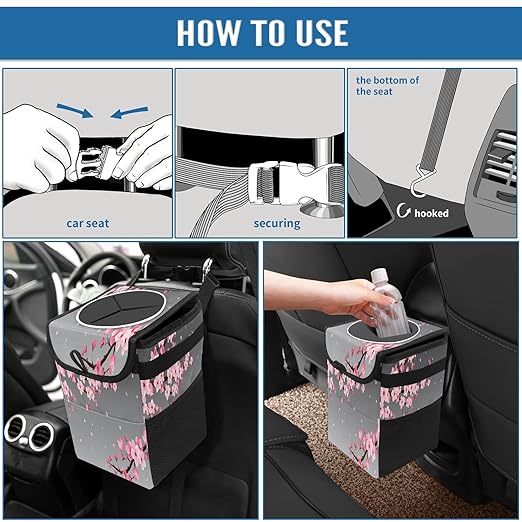 Car Trash Can Pink Cherry Blossom Wate-rproof Auto Garbage Bag Car Trash Can with Lid Leak-Proof Car Storage Bag Hanging for Headrest Collapsible and Portable with Storage Mesh Pocket