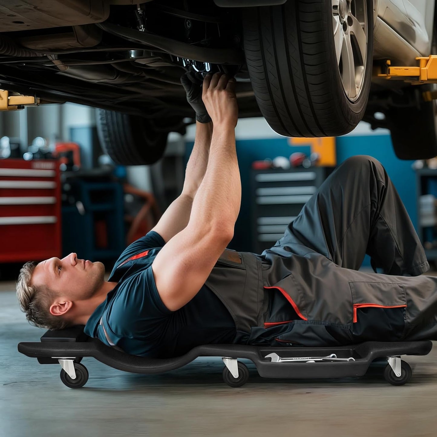 Magshion Mechanic Creeper with Padded Headrest and Dual Tool Tray, Rolling Garage Floor Creeper with 6 Wheels, Lightweight and Portable Automotive Creeper - 440 lbs Capacity (Black)