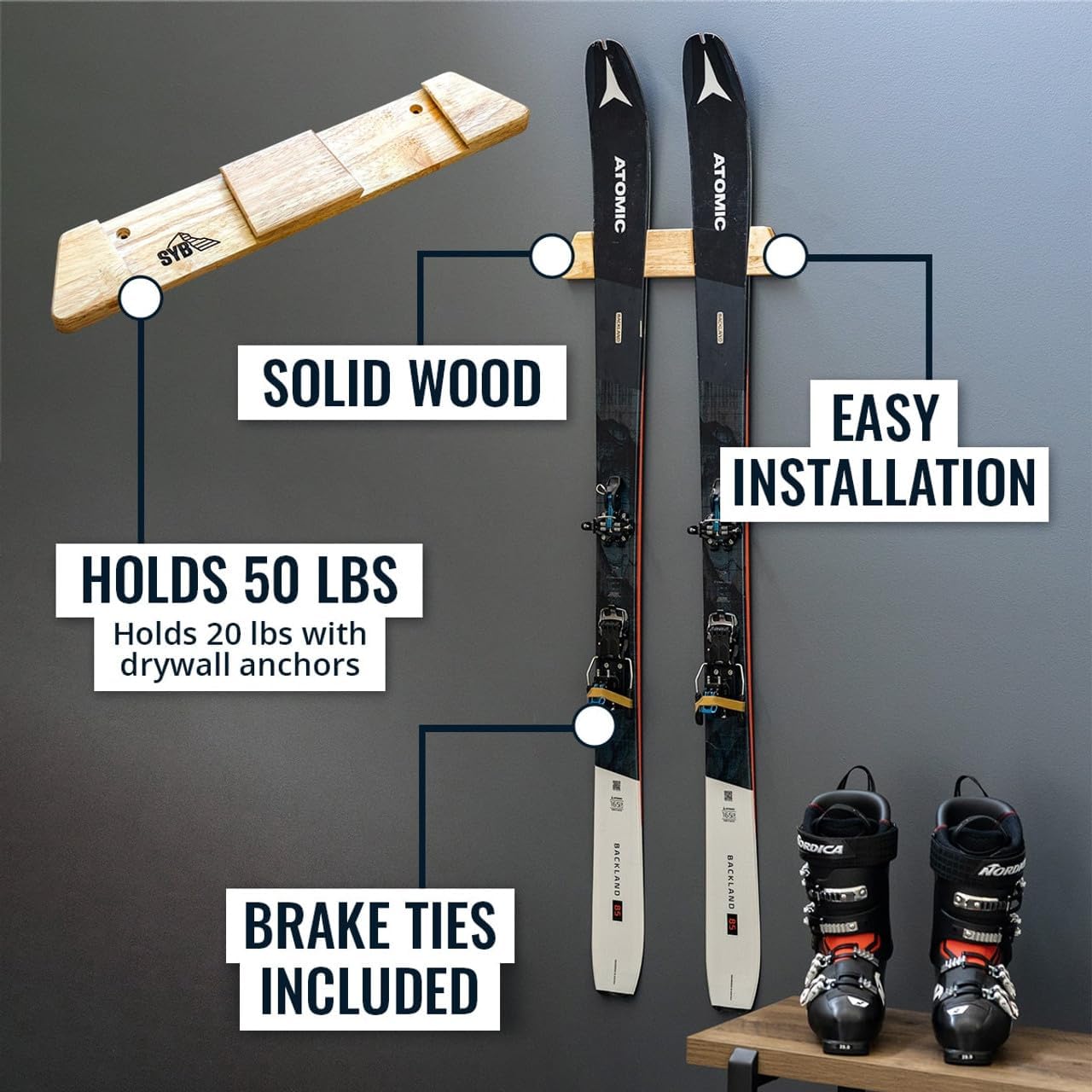 StoreYourBoard Minimalist Wood Ski Rack – Vertical Ski Storage Holder for Home & Garage, Solid Wood Ski Wall Mount Display Rack, Holds 50 lbs