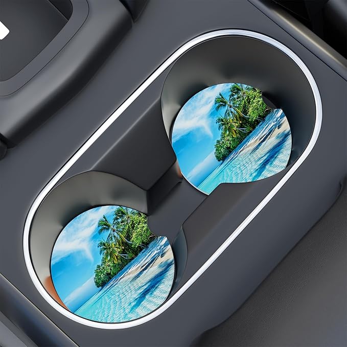 Car Cup Holder Coaster, Car Coasters for Cup Holders, 2 Pack Universal Anti Slip Insert Absorbent Ceramic Auto Interior Accessories with A Finger Notch & Cork Base, Sky and Sea