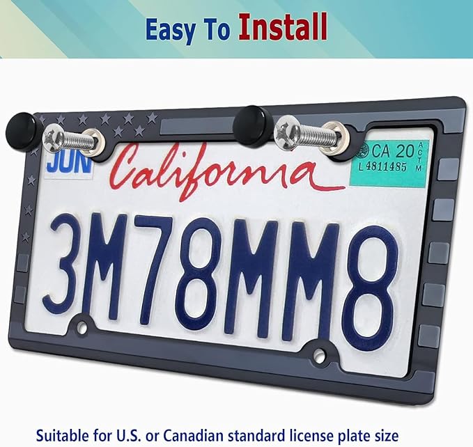 BGGTMO American Flag License Plate Frames- Patriotic USA Stars and Stripes Plastic Car Tag Holder Cover (Gloss on Matte Black) with Screws