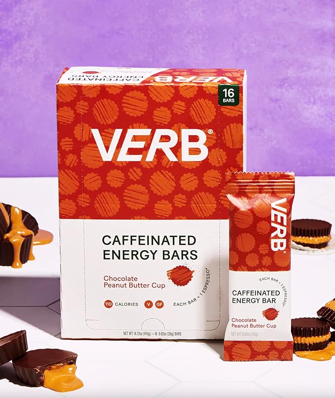 Verb Caffeinated Energy Bars Chocolate Peanut Butter Cup (26g, Pack of 16) 110-Calorie Delicious Energy Bar, Gluten Free On-the Go Snack with 80mg Green Tea Caffeine, Only Real-Food Ingredients