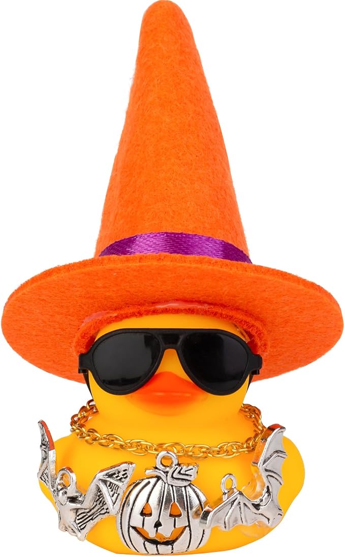 Rubber Duck Car Ornaments Yellow Duck Car Dashboard Decorations with Mini Witch Hat Sunglasses Necklace and Cute Accessories for Party Gifts(H1)