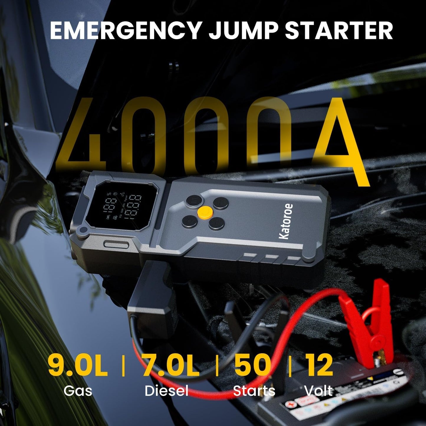 Jump Starter with Air Compressor, 4000A Jump Starter Battery Pack with 150PSI Tire Inflator, Portable Air Compressor, 12V Jump Starter for 9.0L Gas 7.0L Diesel Engines, Jumper Cables, Flashlight