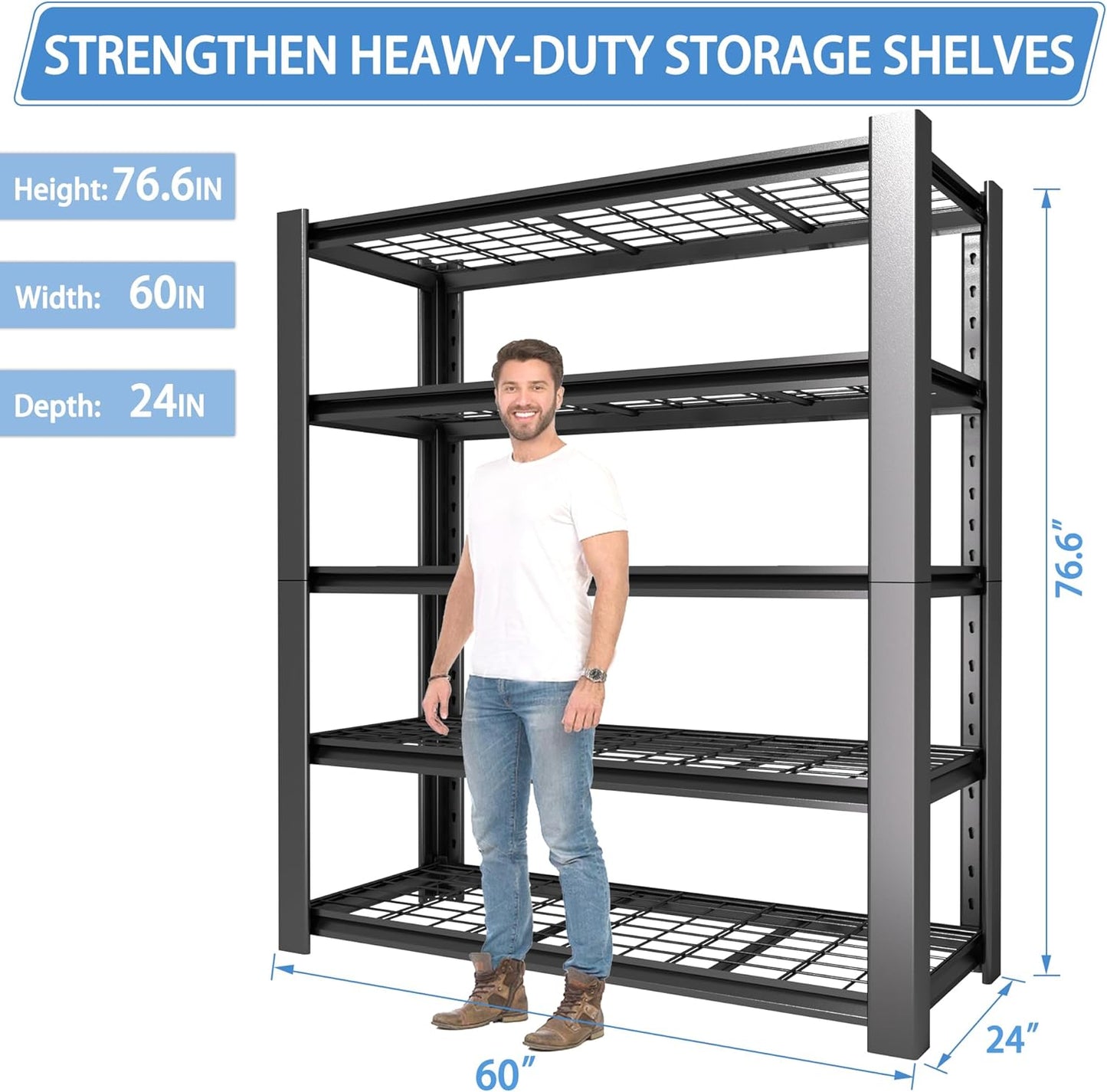 5-Tier Heavy Duty Garage Shelving Unit with Wire Shelves,3000 LBS Capacity Metal Storage Rack 76"H x 60"W x 24"D,Adjustable Boltless Steel Shelves for Garage,Basement,Pantry,Warehouse.3 Pack