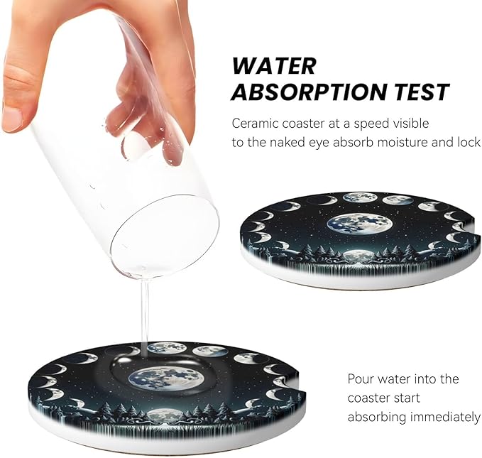 ABLESKY Car Coasters for Cup Holders, 2 Pack Absorbent Anti Slip Car Cup Holder Coasters, 2.56 Inch Ceramic Universal Size Auto Interior Accessories Women Men-Black Moon Forest Phase