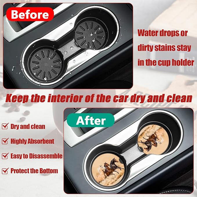 Running Horse Car Coasters for Cup Holders, Absorbent Ceramic Car Coaster Car Cup Holder Coaster Car Accessories for Women Men (2 Pack)