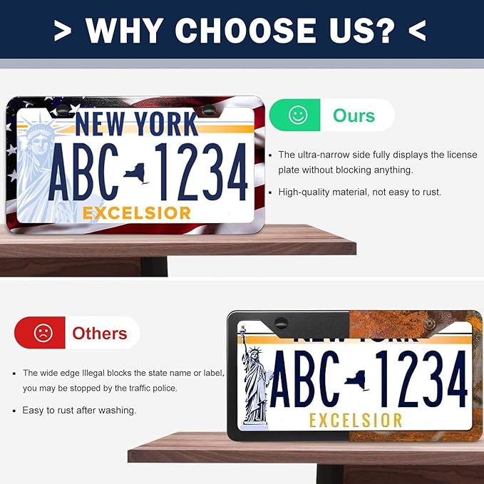 LIN KANG Patriotic American Flag License Plate Frame Holder - 2 Pack Universal Aluminum Matte Stripe US Flag Gloss Car Plate Frame Covers with 2 Holes and Screws Fasteners Caps