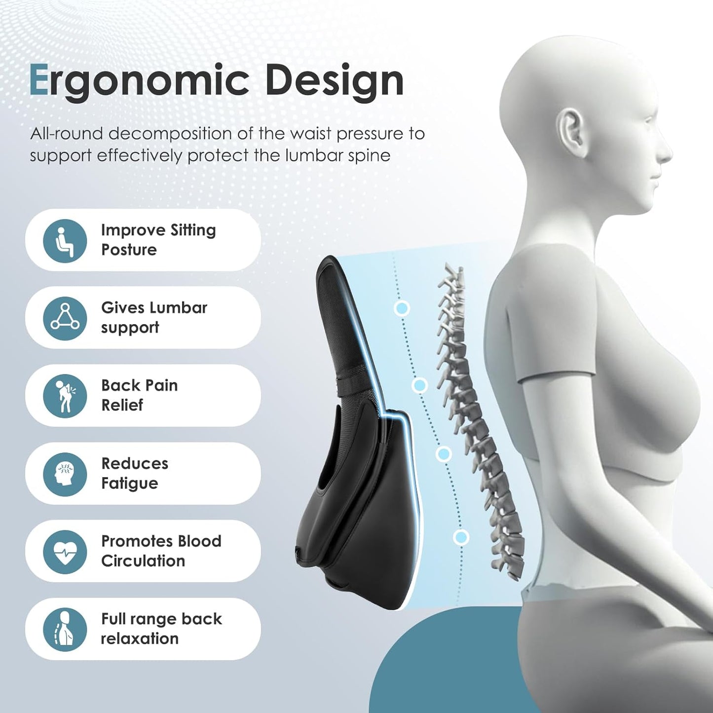 FLORICH Double Layer Breathable Mesh Lumbar Support Ergonomic Leather Lumbar Support Pillow with 3D Mesh Back Support and Adjustable Strap for CarSeat & Office Chair