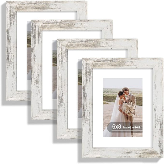 6x8 Picture Frame Set of 4, Made of Real Glass and Distressed White Frame - Display Picture 4x6 with Mat or 6x8 Without Mat, 6 by 8 Photo for Wall or Tabletop