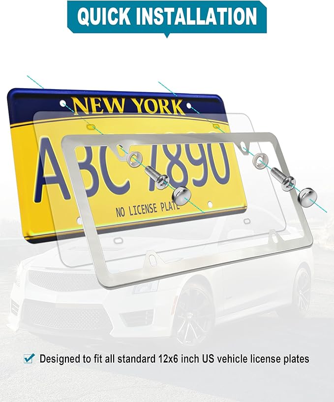 Clear License Plate Frames Covers- 2 Pack Flat Car Tag Protector and Stainless Steel Chrome Holder, Road Legal Unbreakable Acrylic Protective Shield with Screws Caps for Front Rear