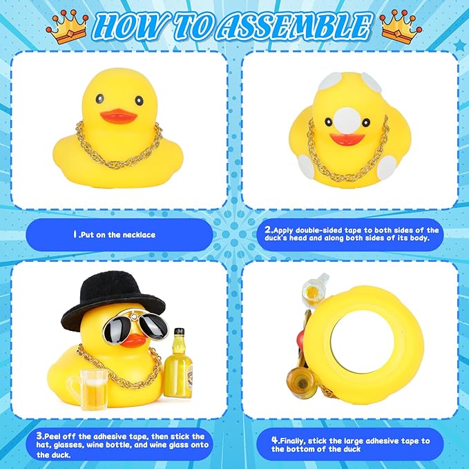 Rubber Ducks Car Decorations, Funny Duck with Black Top Hat Gold Necklace Sunglasses Beer Glass and Bottle, Squeaky Dashboard Decor Accessories for Car Interior, DIY Office Home Decor Gift
