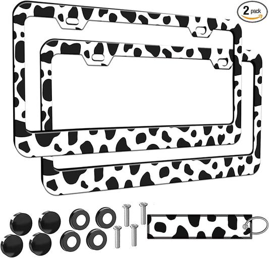 2pcs Cow White Black spot License Plate Frame for Women, Animal Cow Print car Decorative tag Frames Girly, Cute Metal License Plate Cover Holder for Vehicle with Double Sided car Keychain tag
