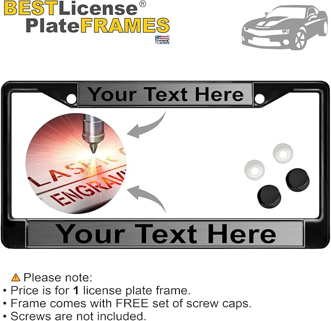 Custom Personalized Black Powder-Coated Metal Laser Engraved Standard Size - Car/Automobile License Plate Frame with Free caps - Steel/Black Text (Qty: 1 Frame)