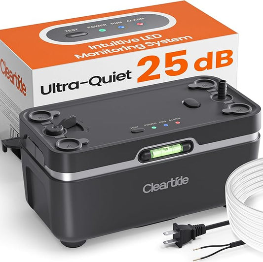 Cleartide Condensate HVAC Pump, Ultra-Quiet 25dB, 1/50 HP 110 GPH, 100-240V, Automatic Condensate Removal Pump with Safety Switch and Tubing for Air Conditioner/Furnace/Dehumidifier/Ice Machine