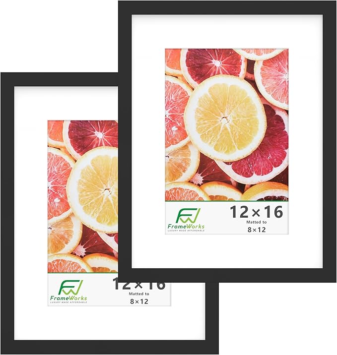 FrameWorks 2-Pack, 12x16 Matted to 8x12 Picture Frame, Black ??Classic Wooden Photo Frame with Tempered Glass, Modern Matte Finish for Prints, Posters, Certificates & Wall Decor ??Gallery-Ready