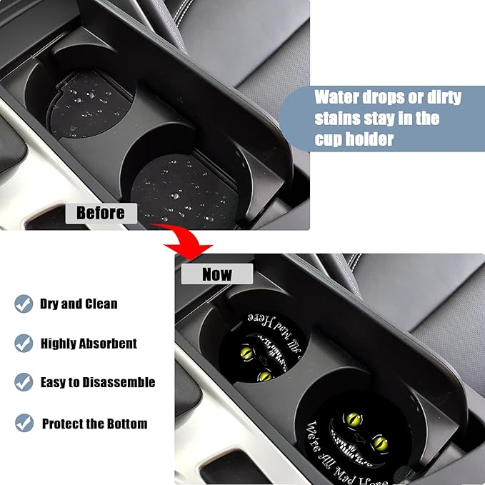 Car Cup Holder Coaster - Funny Black Cat Absorbent Ceramic Coaster, Car Coasters for Cup Holders, Auto Accessories for Women & Men, Pack of 2