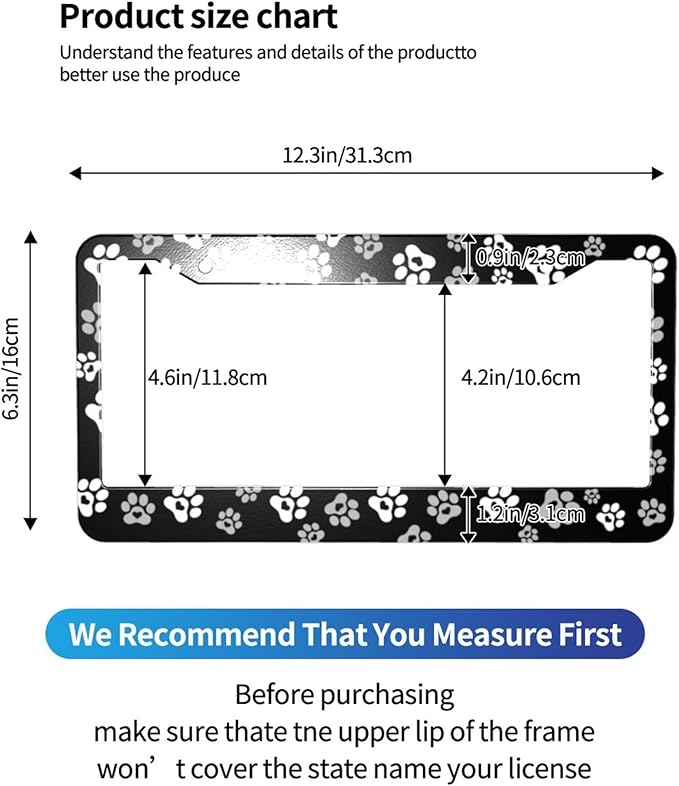 Paw Print License Plate Frame - 1 Pcs Black White Dog Lovers Paw Design License Plate Covers Aluminum Metal Novelty Auto Car Tag Holder with Love Hearts 2 Holes Equipped with Screws
