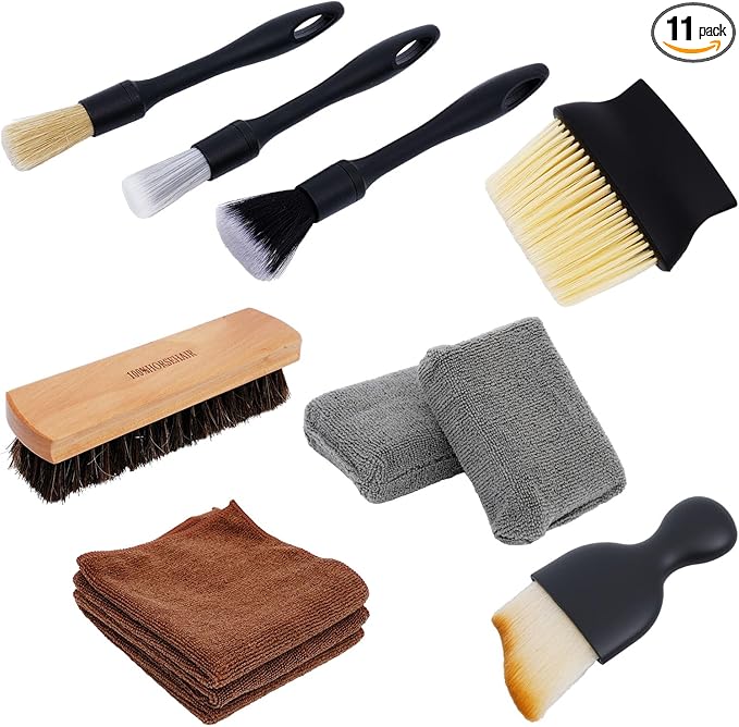 11PCS Car Interior Cleaning Dust Brush Detailing Set, Microfiber Cloth & Applicator, Single-Head Detailing Brushes, Natural Bristles, Scratch-Free & Ultra-Soft for Seats Leather Care or Cleaning