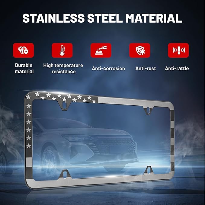 RED WOLF American USA Flag License Plate Frame Stainless Steel Holder Front Rear Auto Tag US Stars & Stripes Slim Edge for Patriotic, 4 Holes Mount W/Screw Accessories Caps 2 PCS