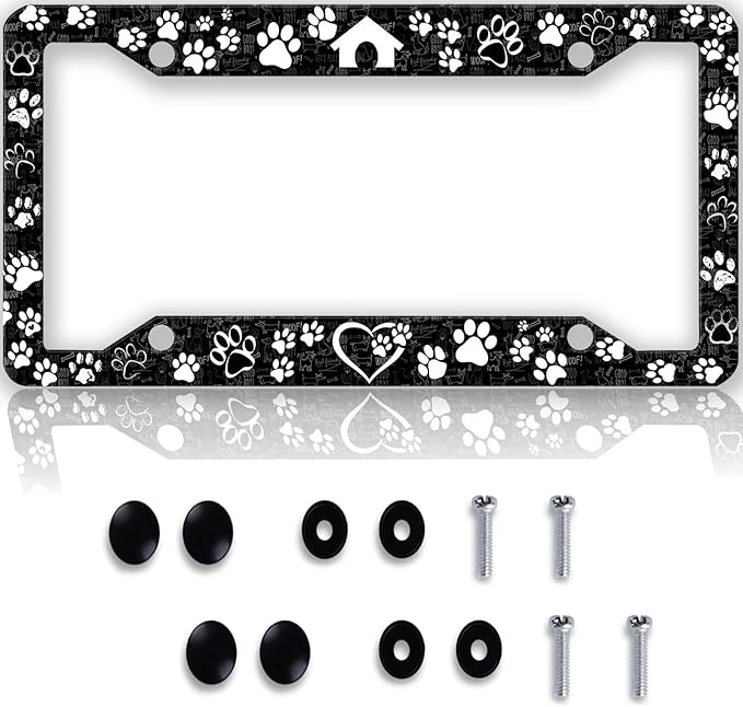 Dog Paw Print License Plate Frame -1Pcs Pet House License Plate Holder Black Funny Aluminum Car Accessories Personalized Car Plate Frame Decoration 12.3" X 6.3" with Screws for Men Women
