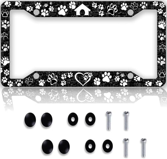Dog Paw Print License Plate Frame -1Pcs Pet House License Plate Holder Black Funny Aluminum Car Accessories Personalized Car Plate Frame Decoration 12.3" X 6.3" with Screws for Men Women