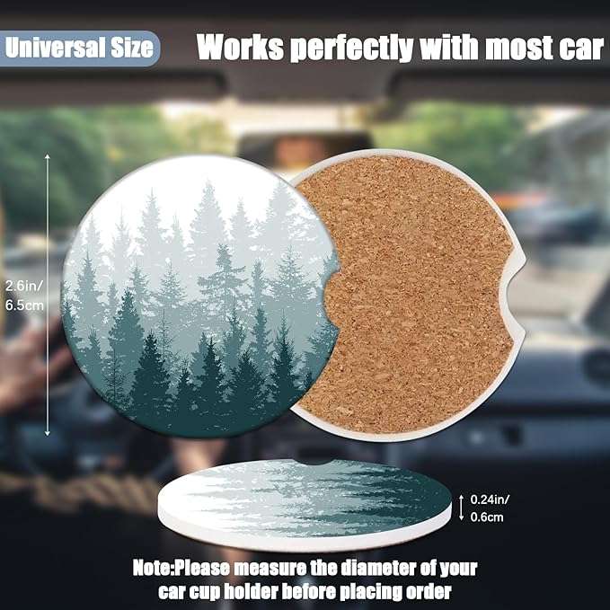 Car Cup Holder Coaster - Misty Forest Absorbent Ceramic Coaster, Car Coasters for Cup Holders, Auto Accessories for Women & Men, Pack of 2