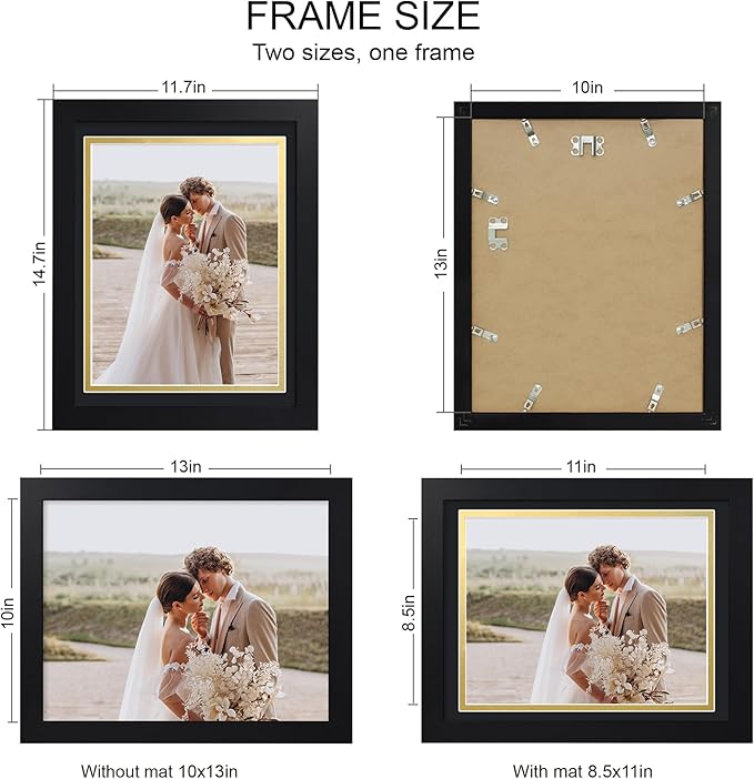 10x13 Picture Frame Set of 4, Made of Real Glass and Black Frame, 10 by 13 Photo for Wall or Tabletop - Display Picture 8.5x11 with Mat or 10x13 Without Mat