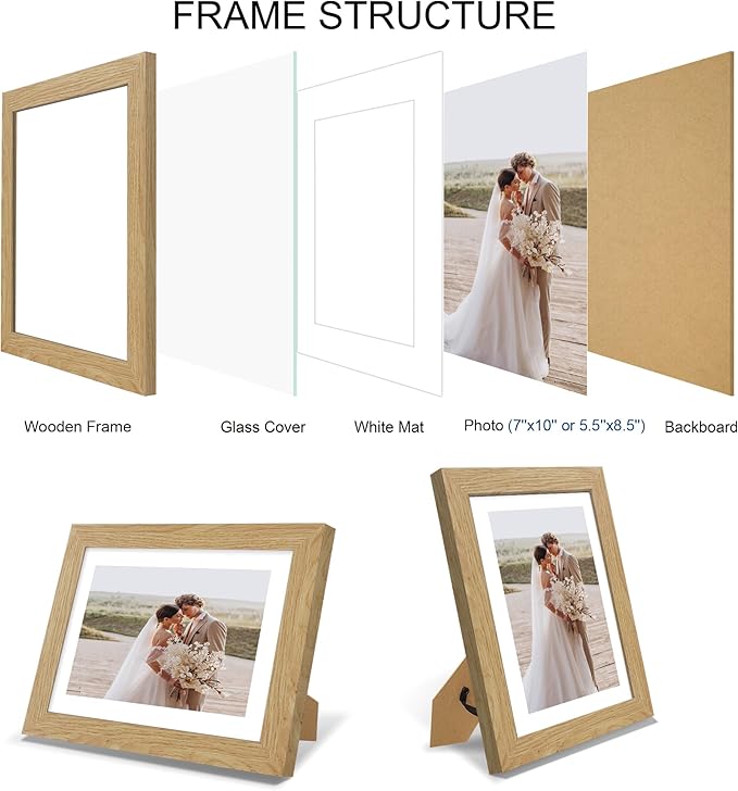 7x10 Picture Frame Set of 4, Made of Real Glass and Natural Oak Frame - Display Picture 5.5x8.5 with Mat or 7x10 Without Mat, 7 by 10 Photo for Wall or Tabletop