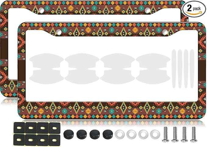 2PCS Native American Geometric Patterns License Plate Frames for Men Women - Vintage Color Block Universal Aluminum Stainless Steel Car Tag Covers Holder with Rattle Proof Pads and Handlebar Stickers