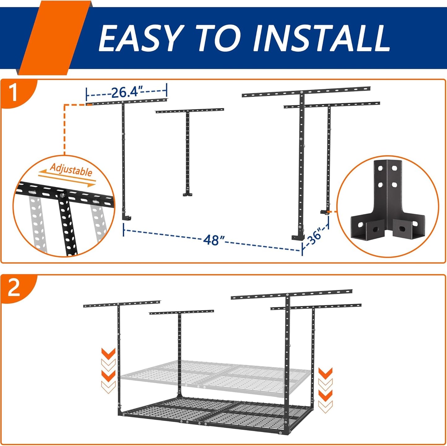 3 x 4FT Overhead Garage Storage Rack, Adjustable Ceiling Storage Racks, Garage Shelving Heavy Duty Storage Organizer System, 400lbs Weight Capacity (Black)