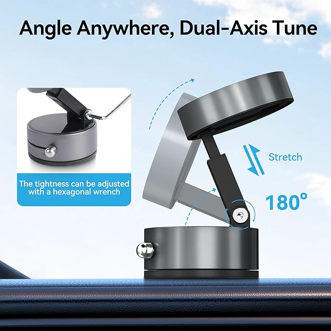 Magnetic Car Phone Mount - Ultra Strong Vacuum Suction Phone Holder for Dashboard/Windshield, Foldable 360° Adjustable Car Phone Mount Compatible with iPhone 16/15/14 & All Smartphones-817001B