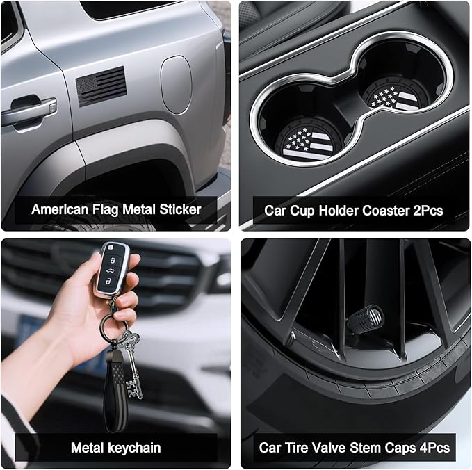 American Flag License Plate Frames Holder - 2 Pack Stainless Steel Rustproof USA Patriotic Car Tag Cover Holder with Free Screws Accessories + Metal Stickers & Keychain & Cup Holder Mats, Black Gray