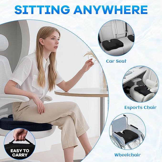 Gel-Infused Seat Cushion & Memory Foam Lumbar Pillow Set,Non-Slip Bottom，Breathable Mesh Cover，Portable Handle - Ergonomic Support for Office Chair Cushion, Car Seat Cushion and Wheelchair，Black