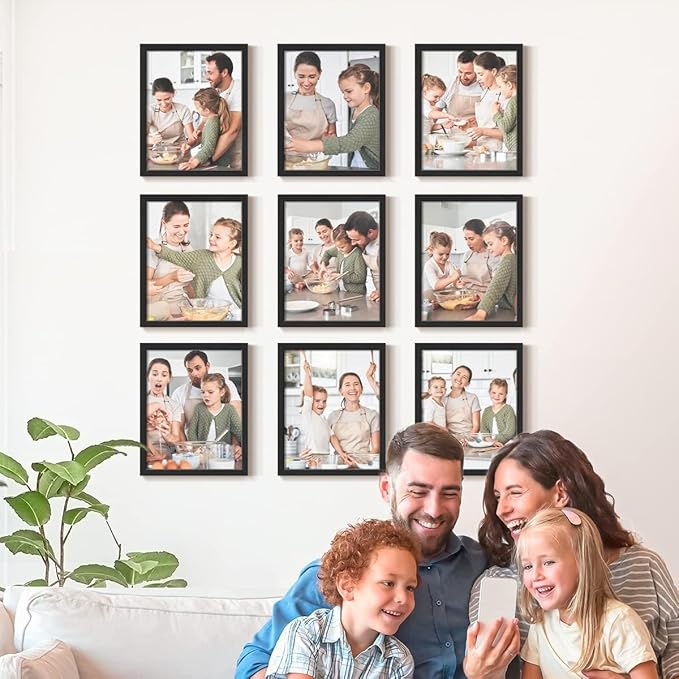 Renditions Gallery Set of 9, 8X10 Custom Photo Prints with Real Wood Picture Frames. Create Personalized Photos with Peel & Stick Photo Frames. Black Frame