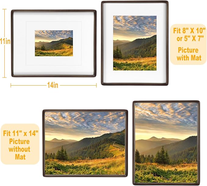 HELPLEX 11x14 Premium Picture Frame Set of 2 - Solid Walnut Wood, UV-Blocking Plexiglass, Convertible 8x10/5x7 Matted or 11x14 Open - Wall Art Gallery & Family Legacy Home Decor