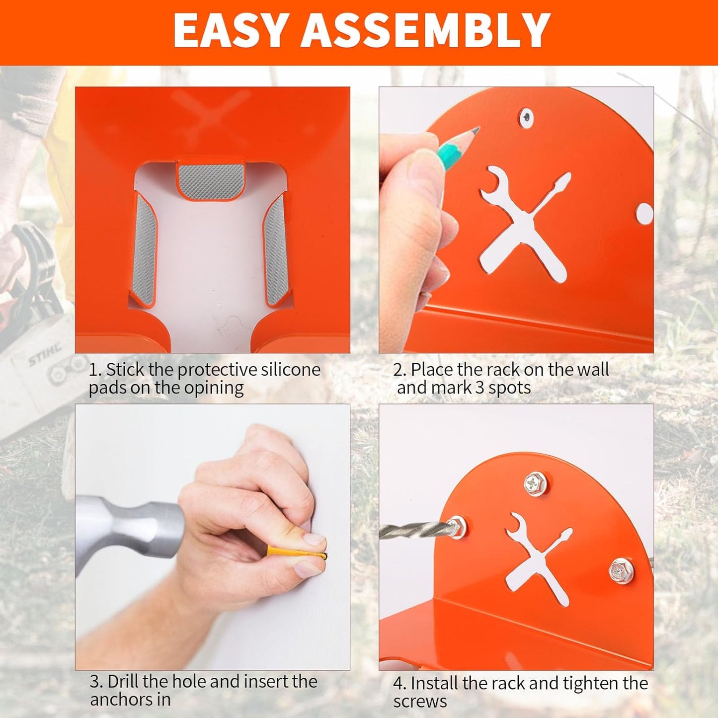 Upgraded Trimmer Rack Wall Mount - 8" Heavy Duty Weed Eater Hanger for Garage Wall Bracket, Garden Power Tool Holder Organizer Hooks for Grass Trimmer, Hedge Trimmer, Leaf Blower and Chainsaw, 4 Pack